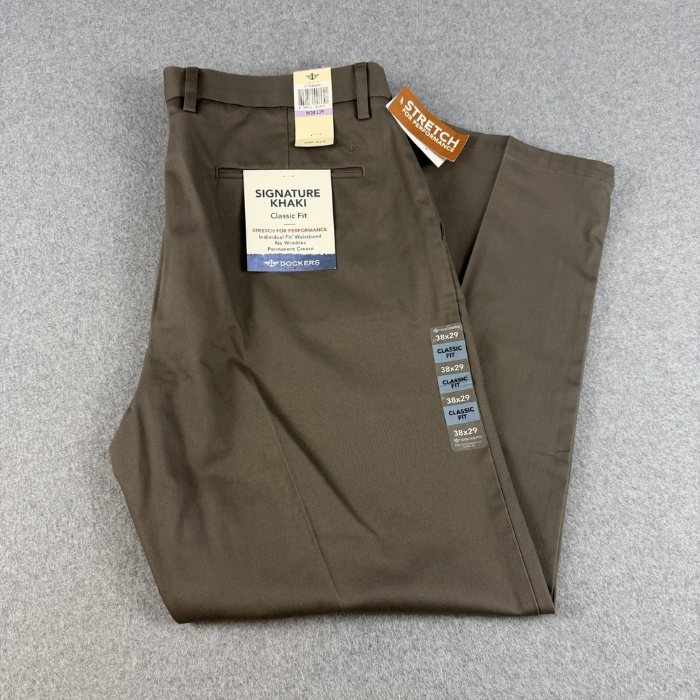Dockers Signature Khaki Classic Fit Stretch Pants Gray 38x29 NWT Chinos